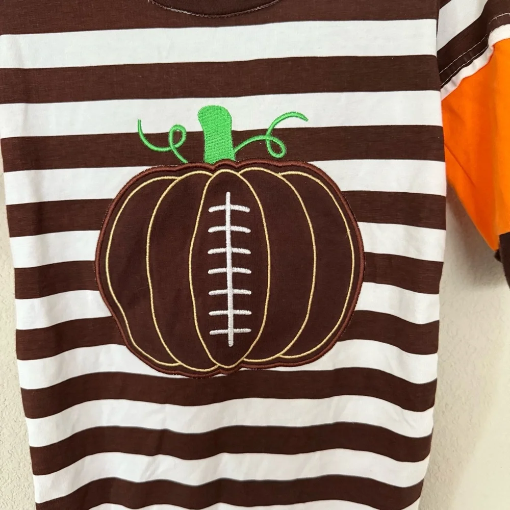 NWT Romper Baby 12-18M Brown Football Pumpkin Striped Fall Long Sleeve One Piece